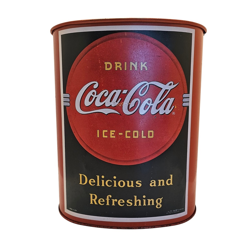 Vintage Coca-Cola Metal Wastebasket Red Ice-Cold Delicious Refreshing Tin USA 90